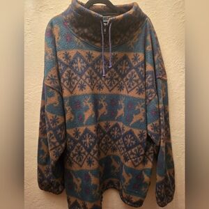Vintage 90s Nordic Deer Print Quarter Zip Fleece Pullover Oversized